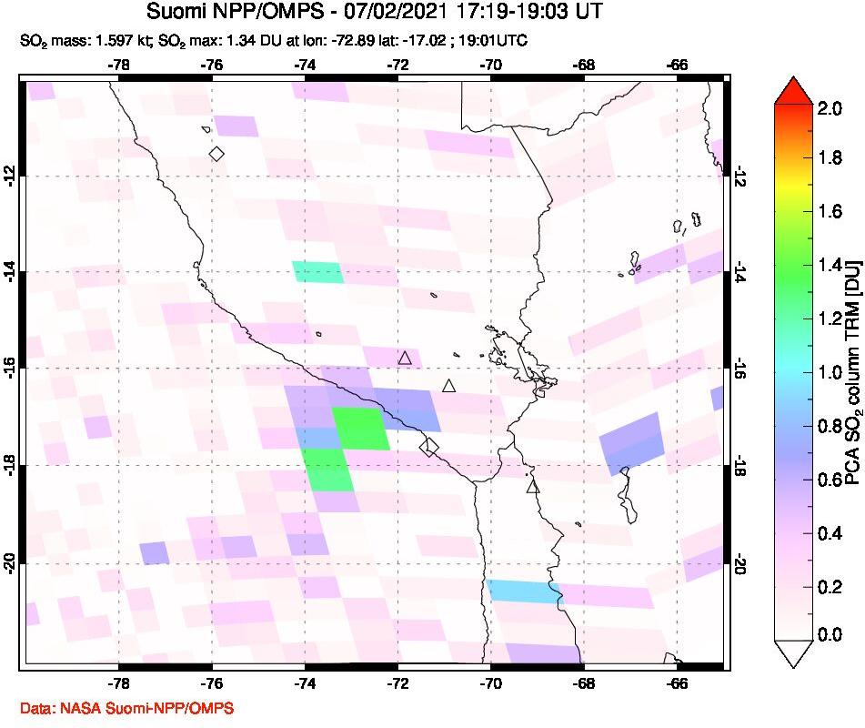 A sulfur dioxide image over Peru on Jul 02, 2021.