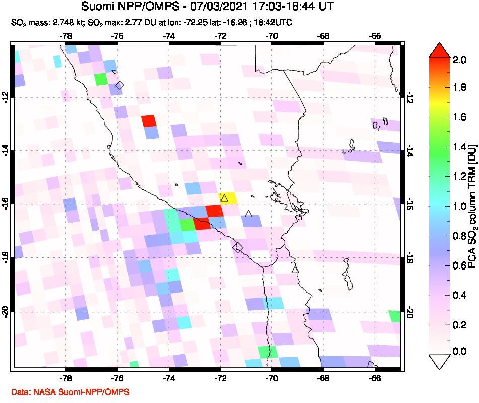 A sulfur dioxide image over Peru on Jul 03, 2021.