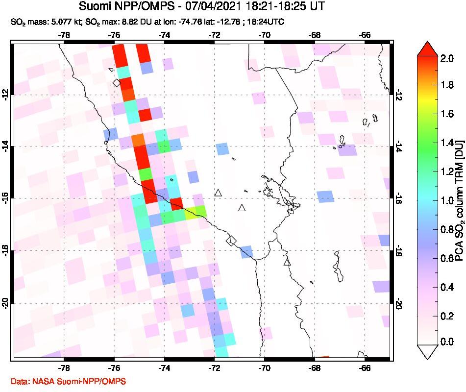 A sulfur dioxide image over Peru on Jul 04, 2021.