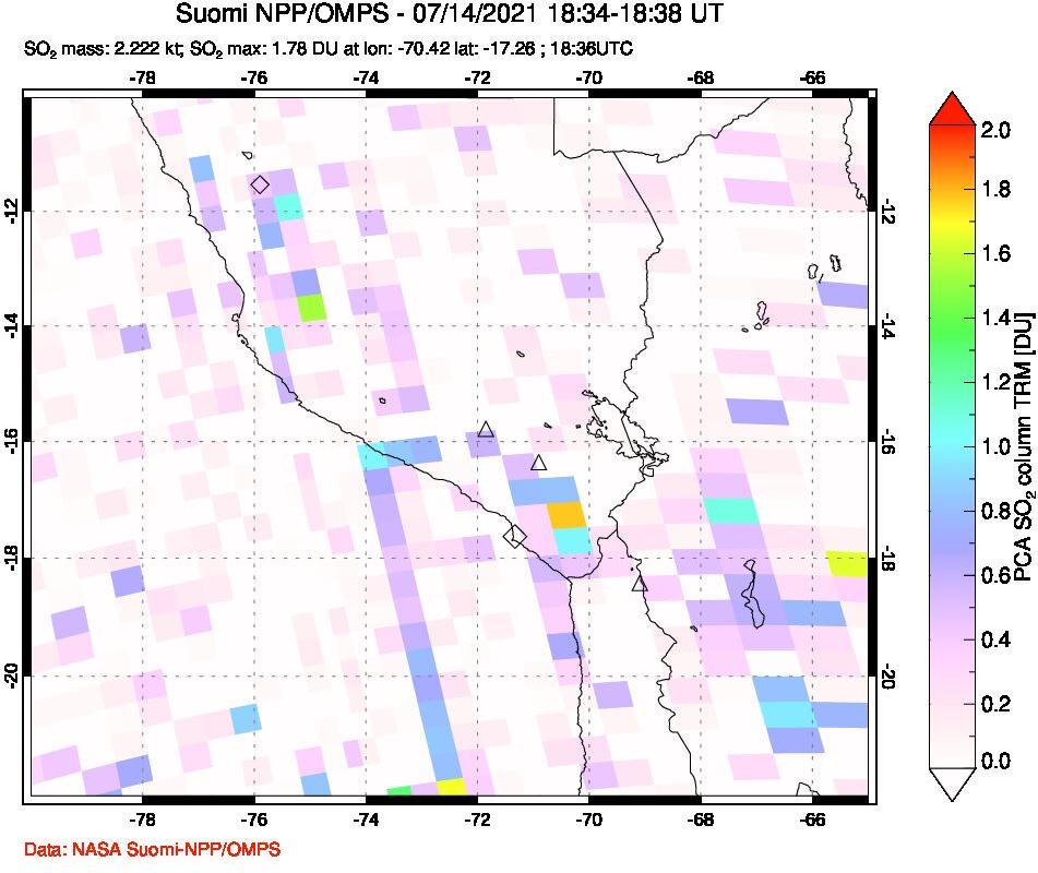 A sulfur dioxide image over Peru on Jul 14, 2021.