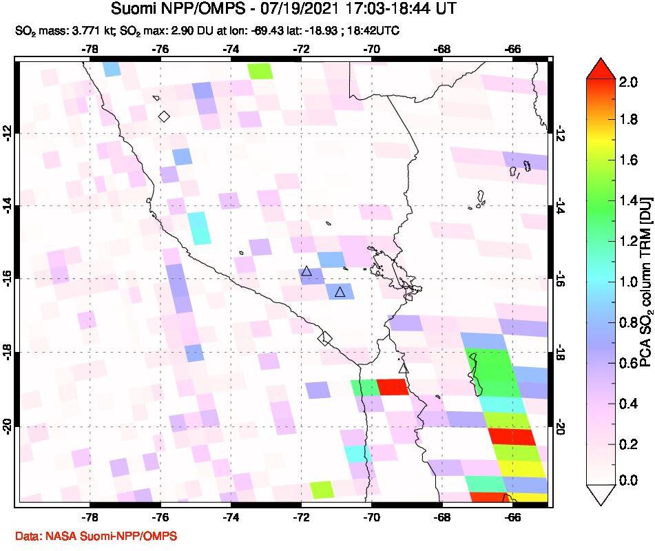 A sulfur dioxide image over Peru on Jul 19, 2021.