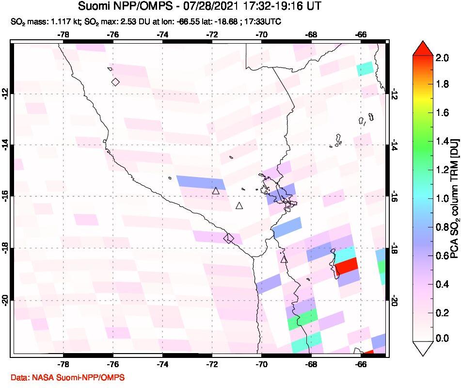 A sulfur dioxide image over Peru on Jul 28, 2021.