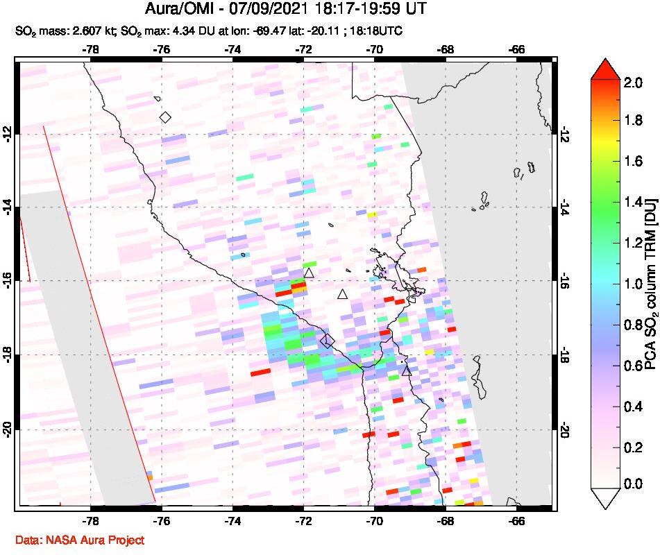 A sulfur dioxide image over Peru on Jul 09, 2021.