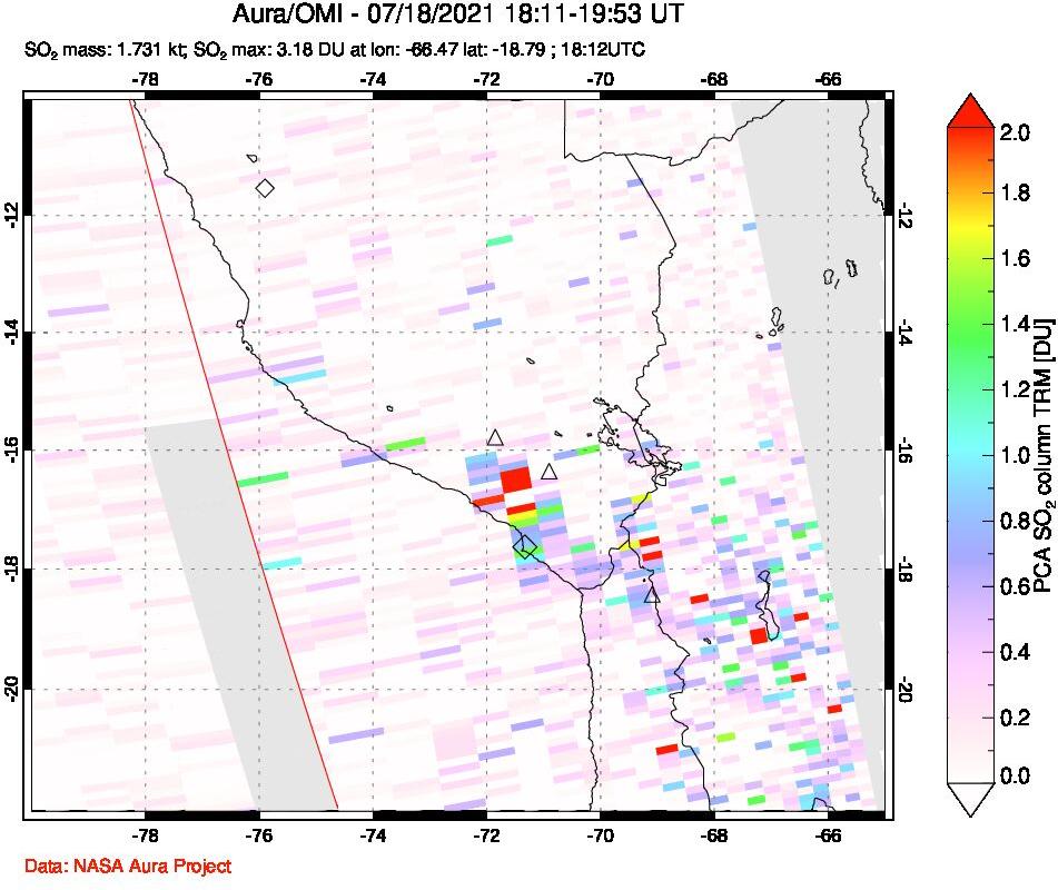 A sulfur dioxide image over Peru on Jul 18, 2021.