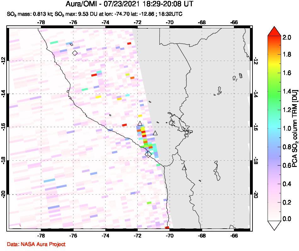 A sulfur dioxide image over Peru on Jul 23, 2021.