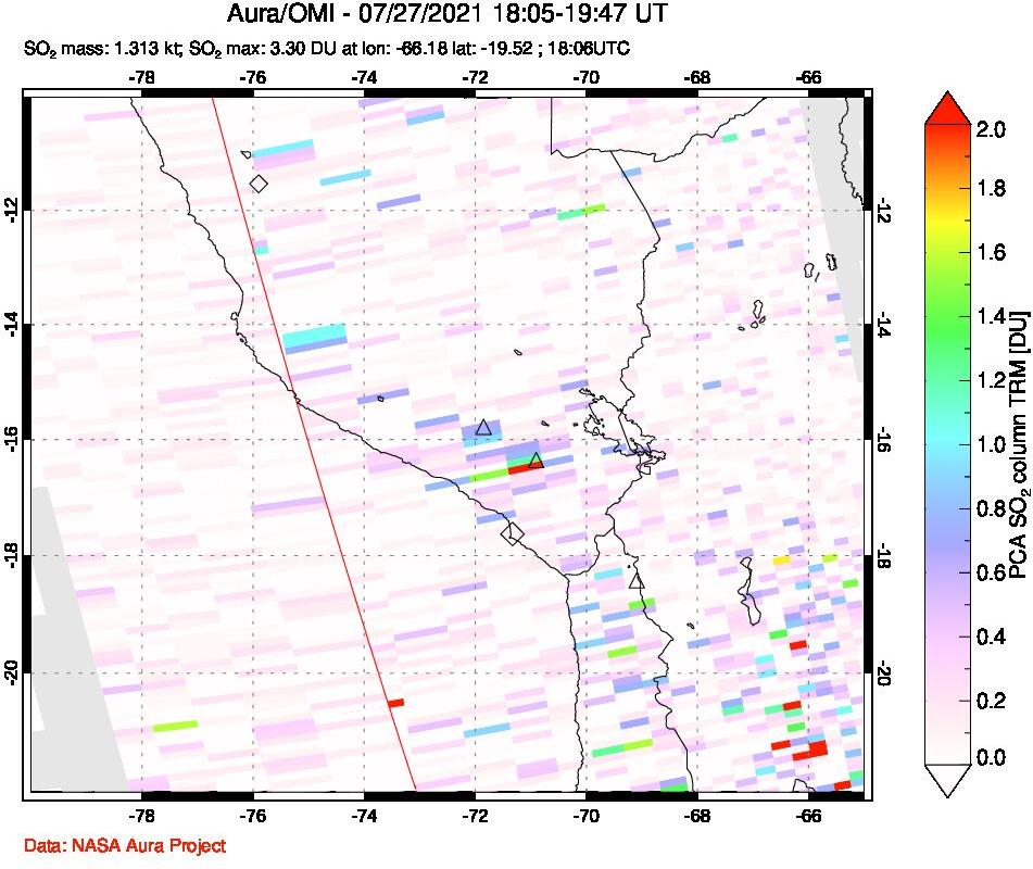 A sulfur dioxide image over Peru on Jul 27, 2021.
