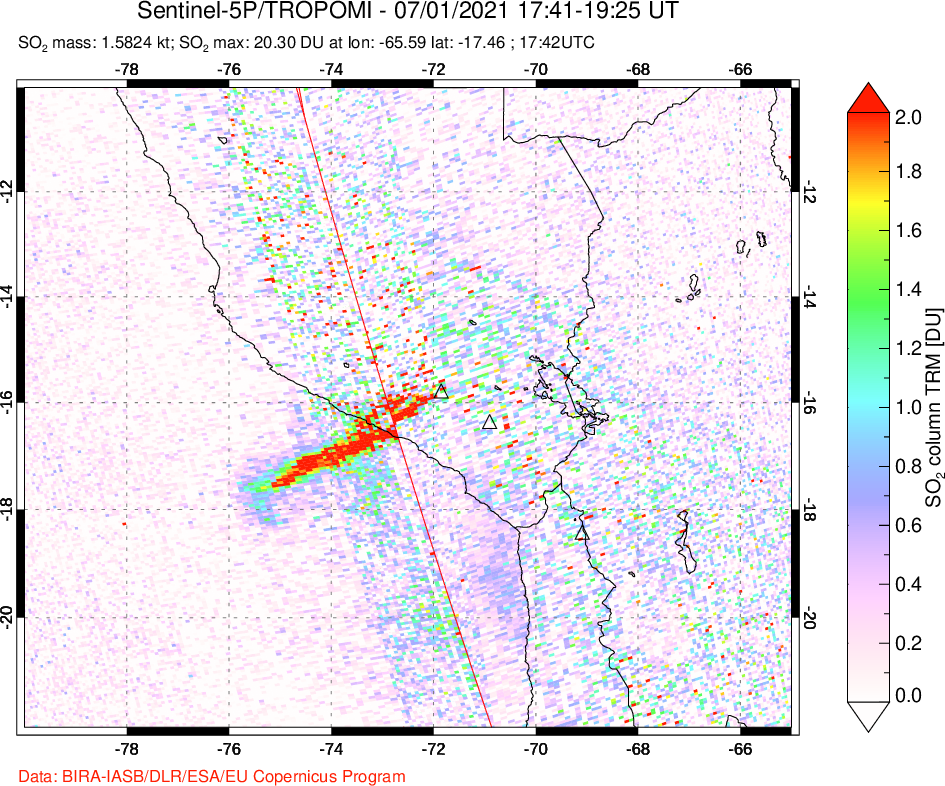 A sulfur dioxide image over Peru on Jul 01, 2021.