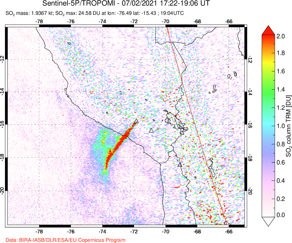 A sulfur dioxide image over Peru on Jul 02, 2021.