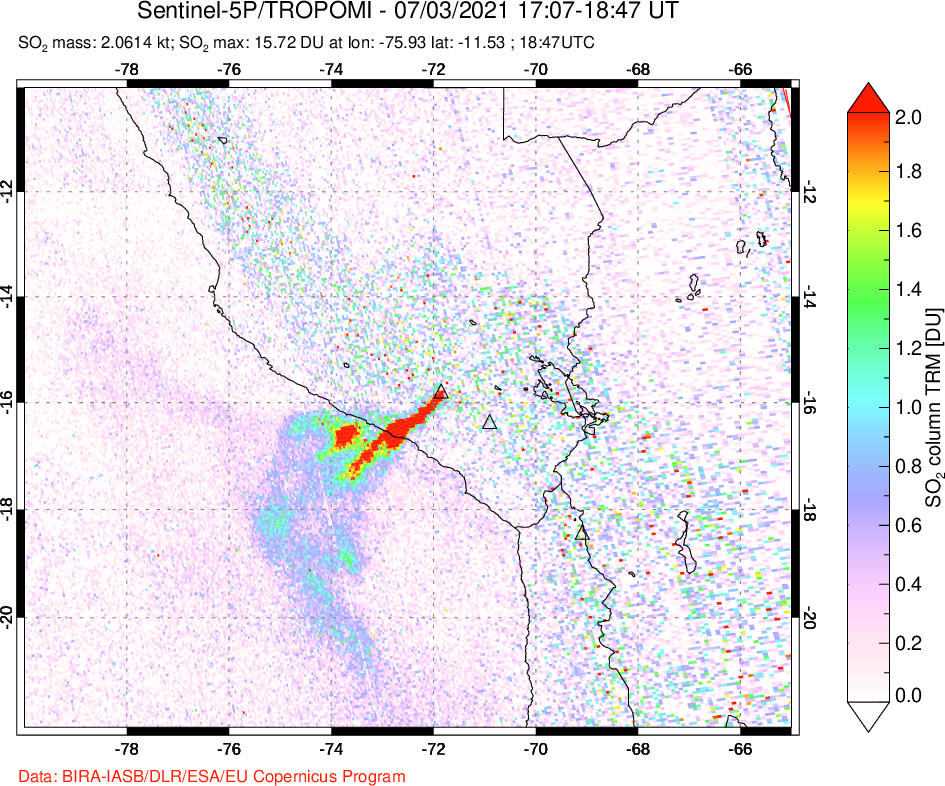 A sulfur dioxide image over Peru on Jul 03, 2021.