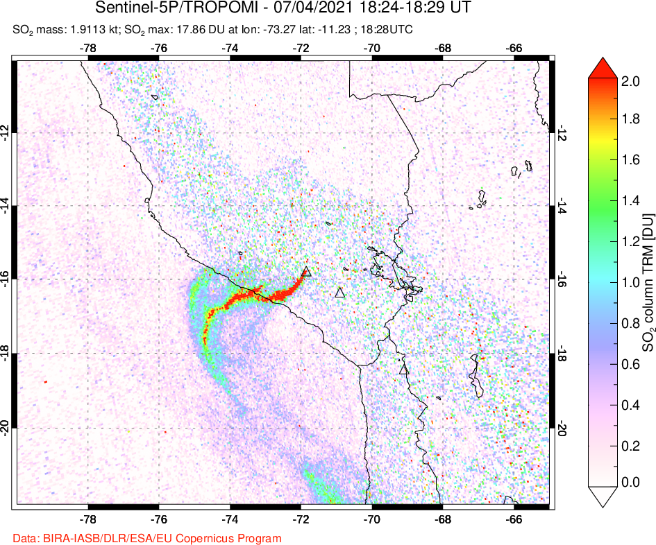 A sulfur dioxide image over Peru on Jul 04, 2021.