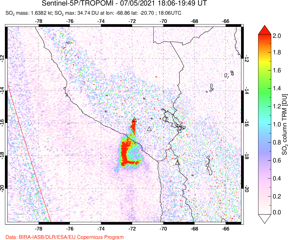 A sulfur dioxide image over Peru on Jul 05, 2021.