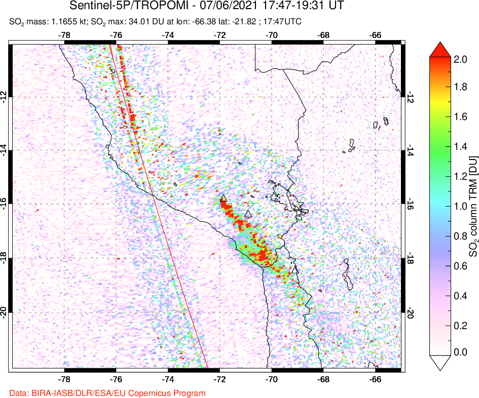 A sulfur dioxide image over Peru on Jul 06, 2021.