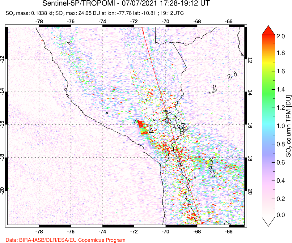 A sulfur dioxide image over Peru on Jul 07, 2021.