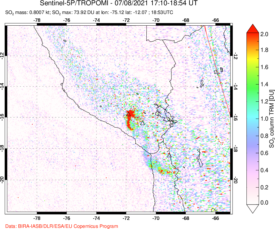 A sulfur dioxide image over Peru on Jul 08, 2021.