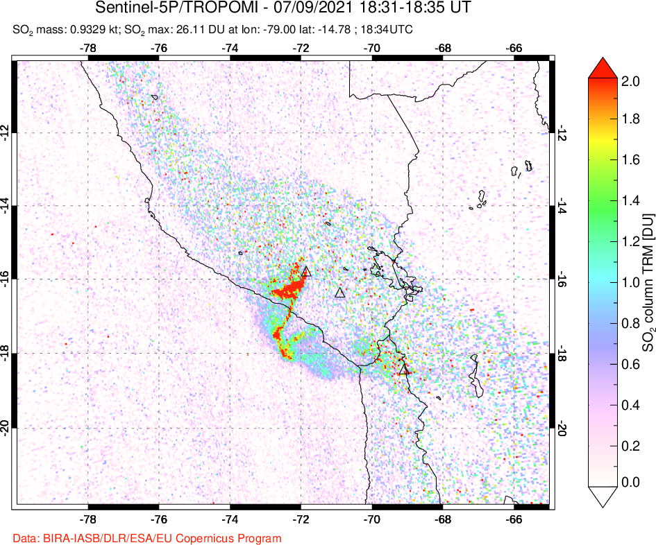 A sulfur dioxide image over Peru on Jul 09, 2021.