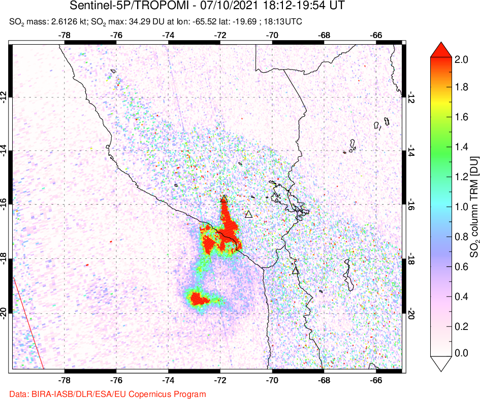 A sulfur dioxide image over Peru on Jul 10, 2021.