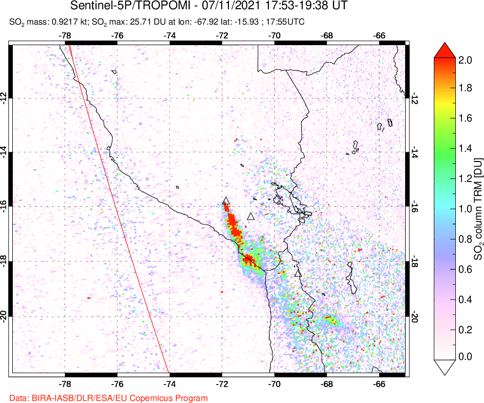 A sulfur dioxide image over Peru on Jul 11, 2021.