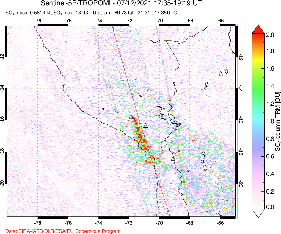 A sulfur dioxide image over Peru on Jul 12, 2021.