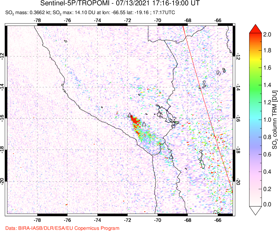 A sulfur dioxide image over Peru on Jul 13, 2021.