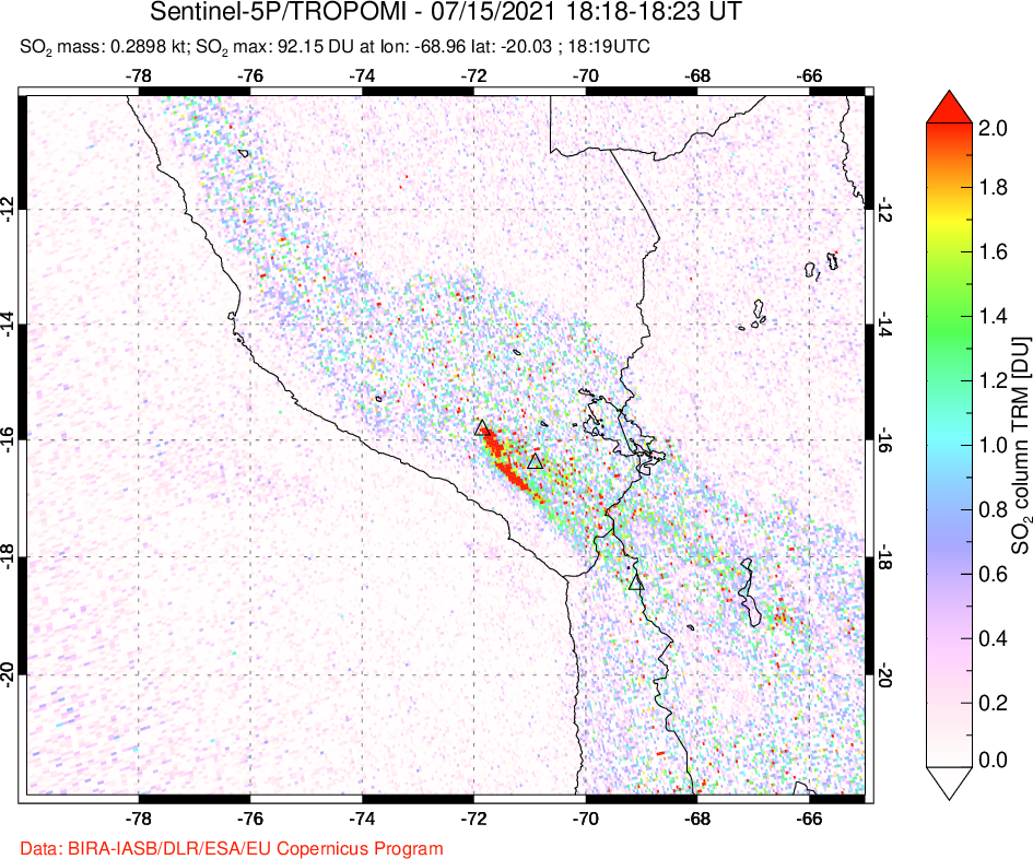 A sulfur dioxide image over Peru on Jul 15, 2021.