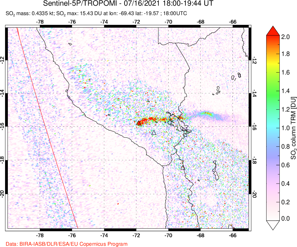 A sulfur dioxide image over Peru on Jul 16, 2021.