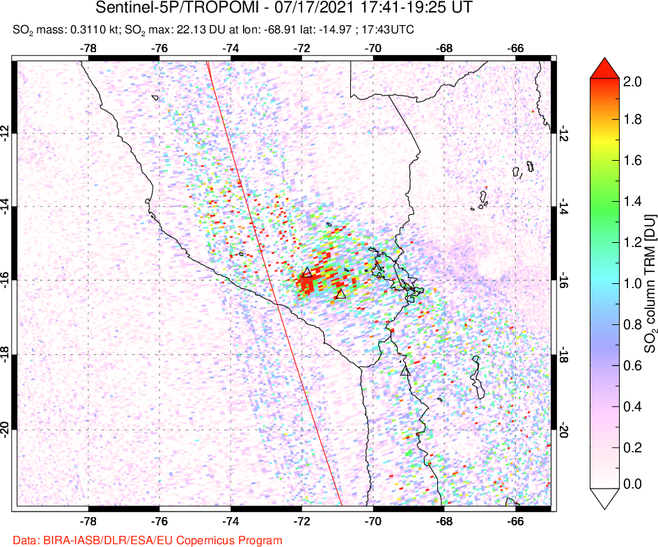 A sulfur dioxide image over Peru on Jul 17, 2021.
