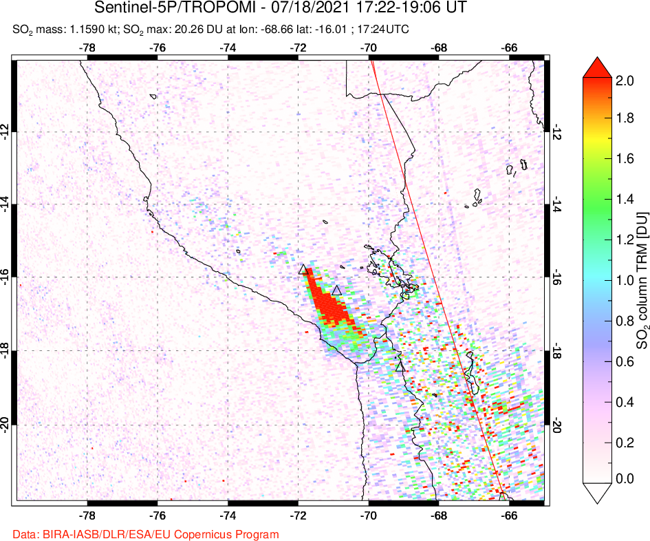 A sulfur dioxide image over Peru on Jul 18, 2021.