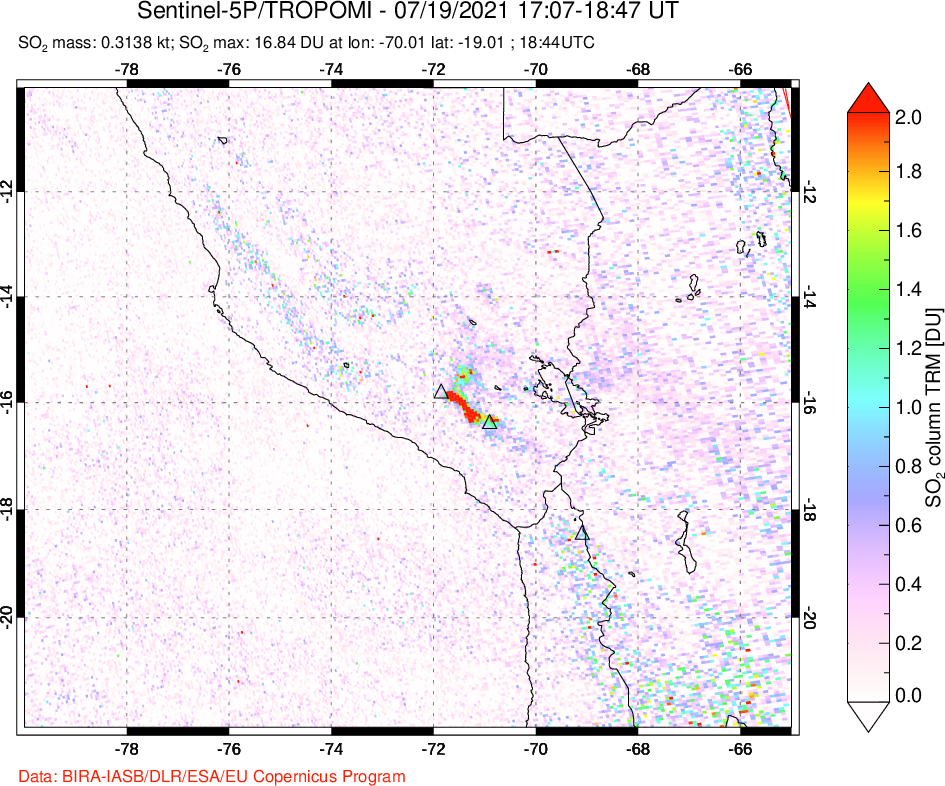 A sulfur dioxide image over Peru on Jul 19, 2021.
