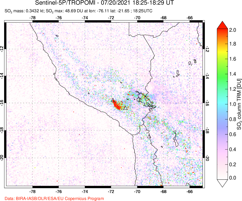 A sulfur dioxide image over Peru on Jul 20, 2021.