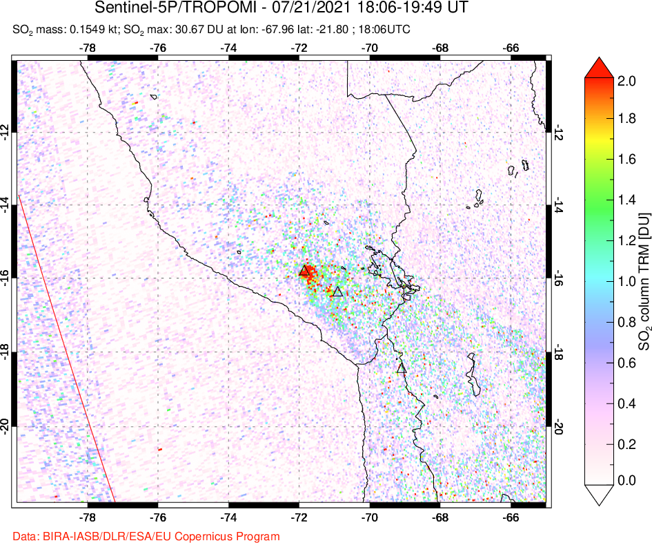 A sulfur dioxide image over Peru on Jul 21, 2021.