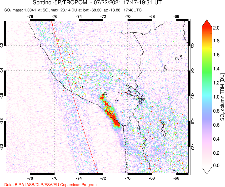 A sulfur dioxide image over Peru on Jul 22, 2021.