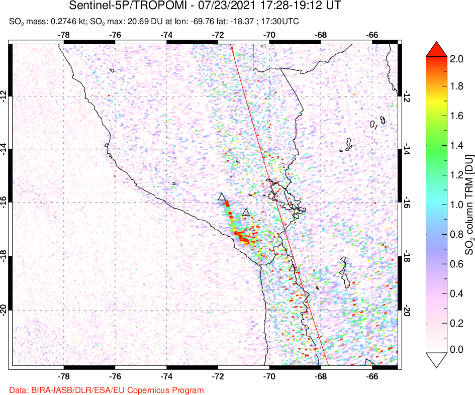 A sulfur dioxide image over Peru on Jul 23, 2021.
