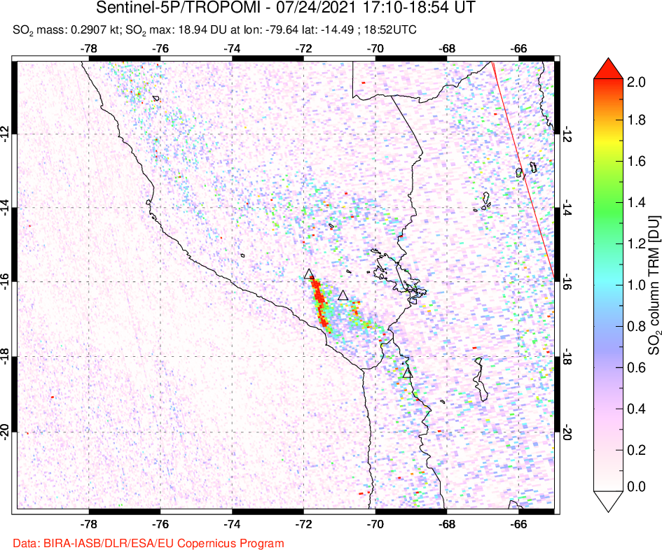 A sulfur dioxide image over Peru on Jul 24, 2021.