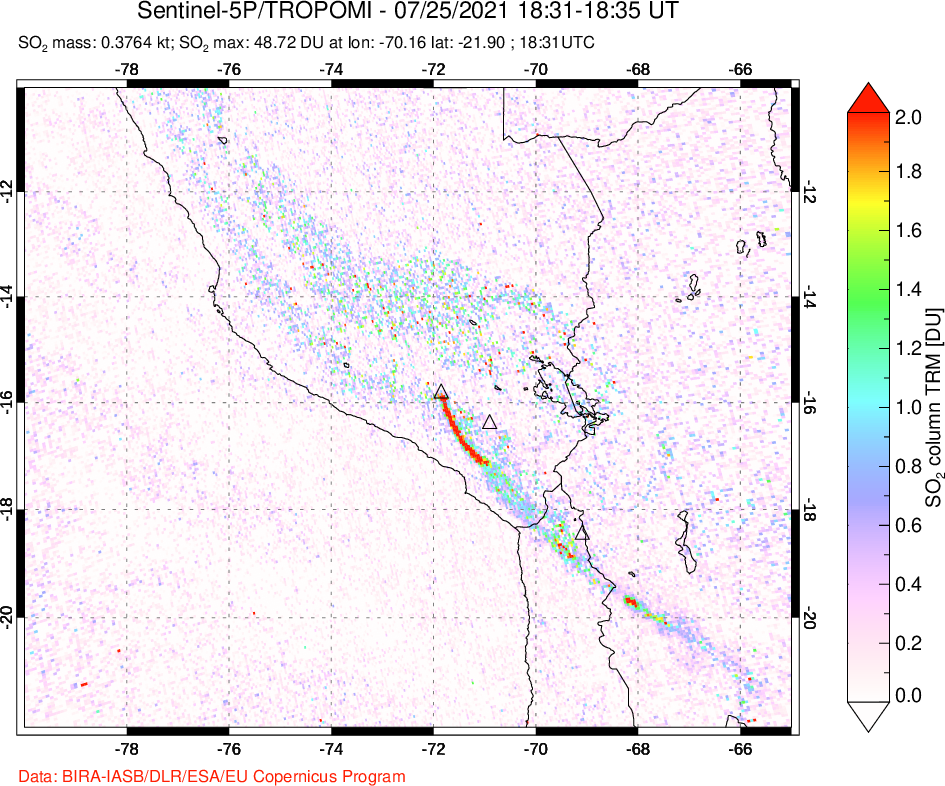 A sulfur dioxide image over Peru on Jul 25, 2021.