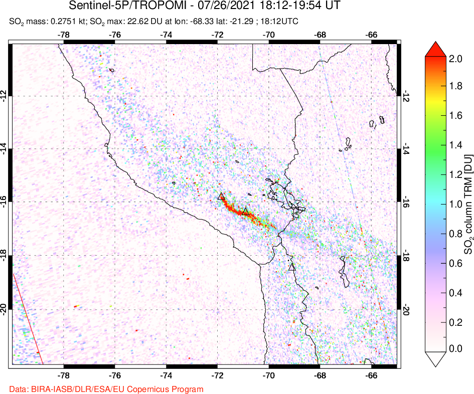 A sulfur dioxide image over Peru on Jul 26, 2021.