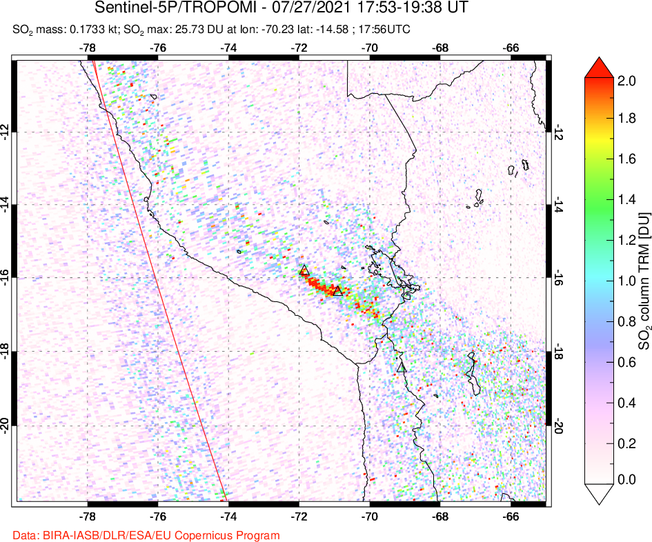 A sulfur dioxide image over Peru on Jul 27, 2021.