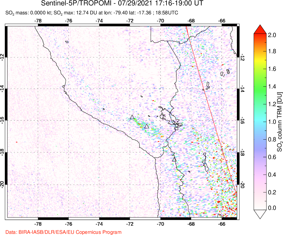 A sulfur dioxide image over Peru on Jul 29, 2021.