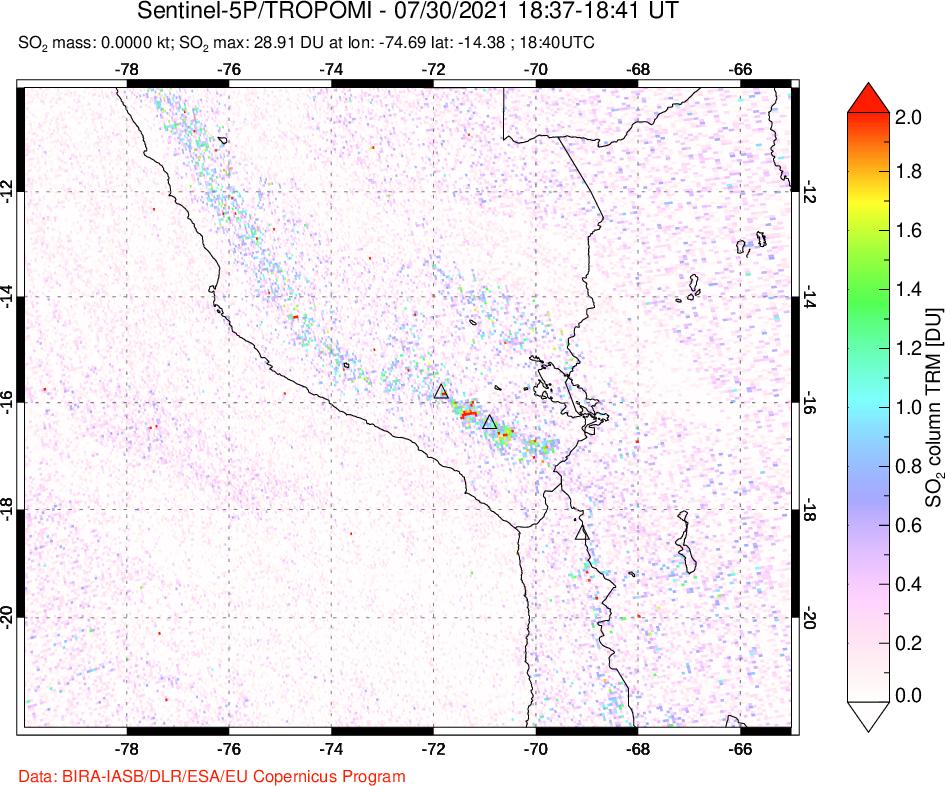 A sulfur dioxide image over Peru on Jul 30, 2021.