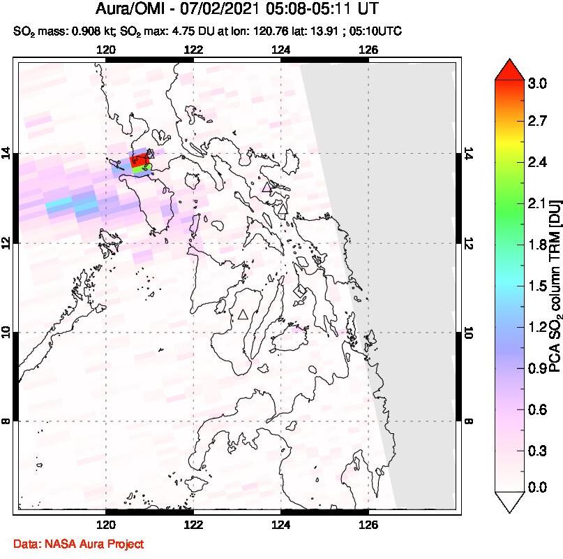 A sulfur dioxide image over Philippines on Jul 02, 2021.