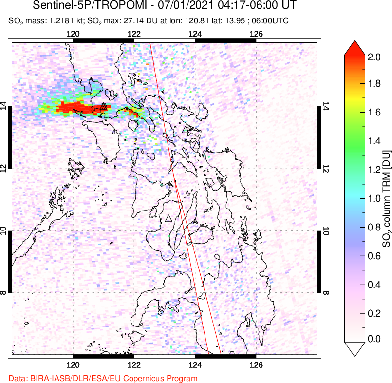 A sulfur dioxide image over Philippines on Jul 01, 2021.