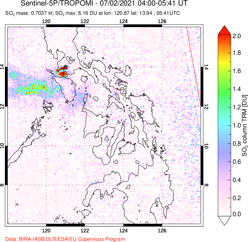 A sulfur dioxide image over Philippines on Jul 02, 2021.
