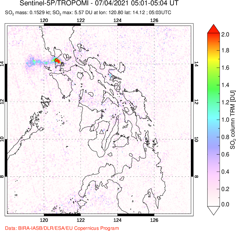 A sulfur dioxide image over Philippines on Jul 04, 2021.