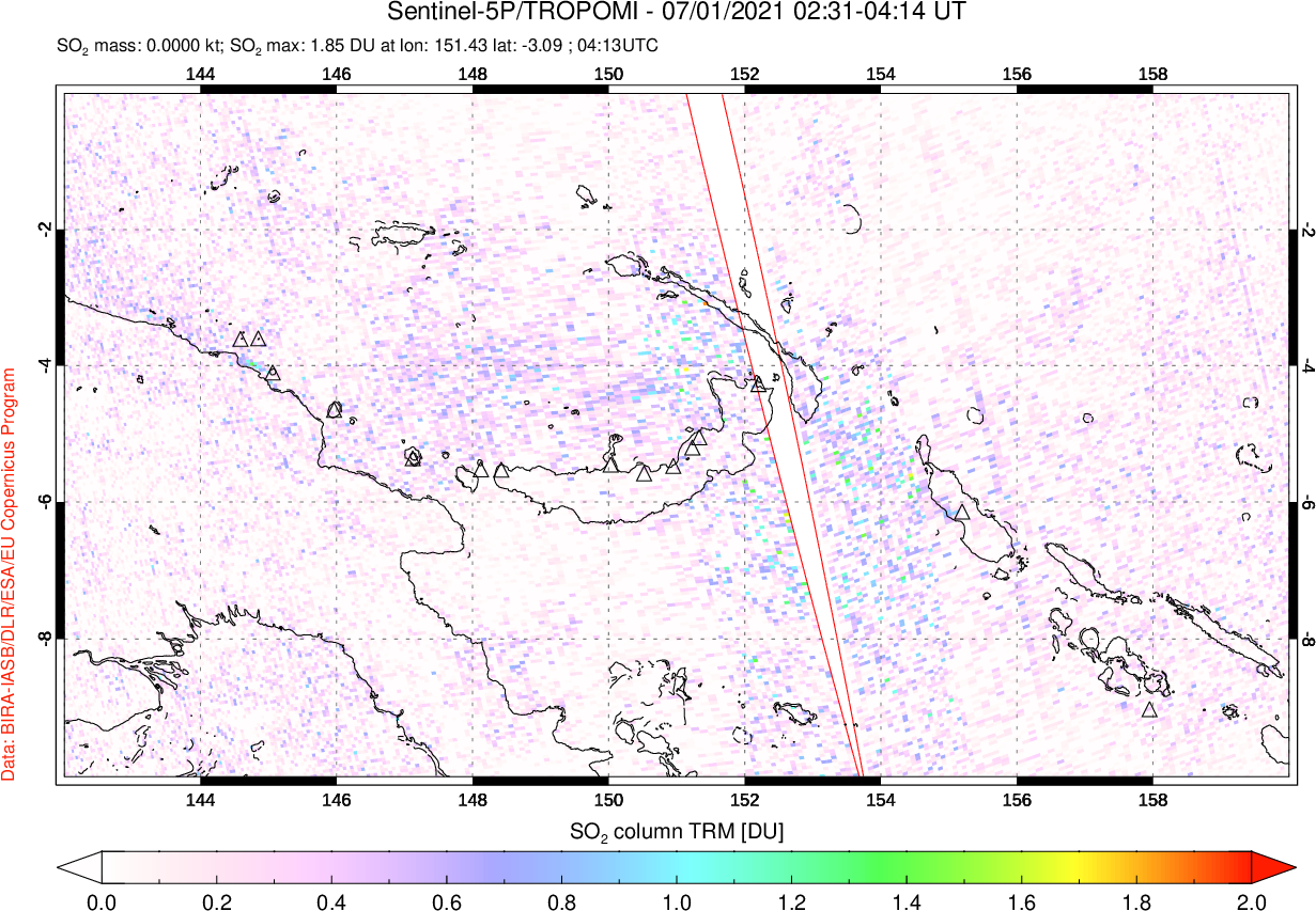 A sulfur dioxide image over Papua, New Guinea on Jul 01, 2021.