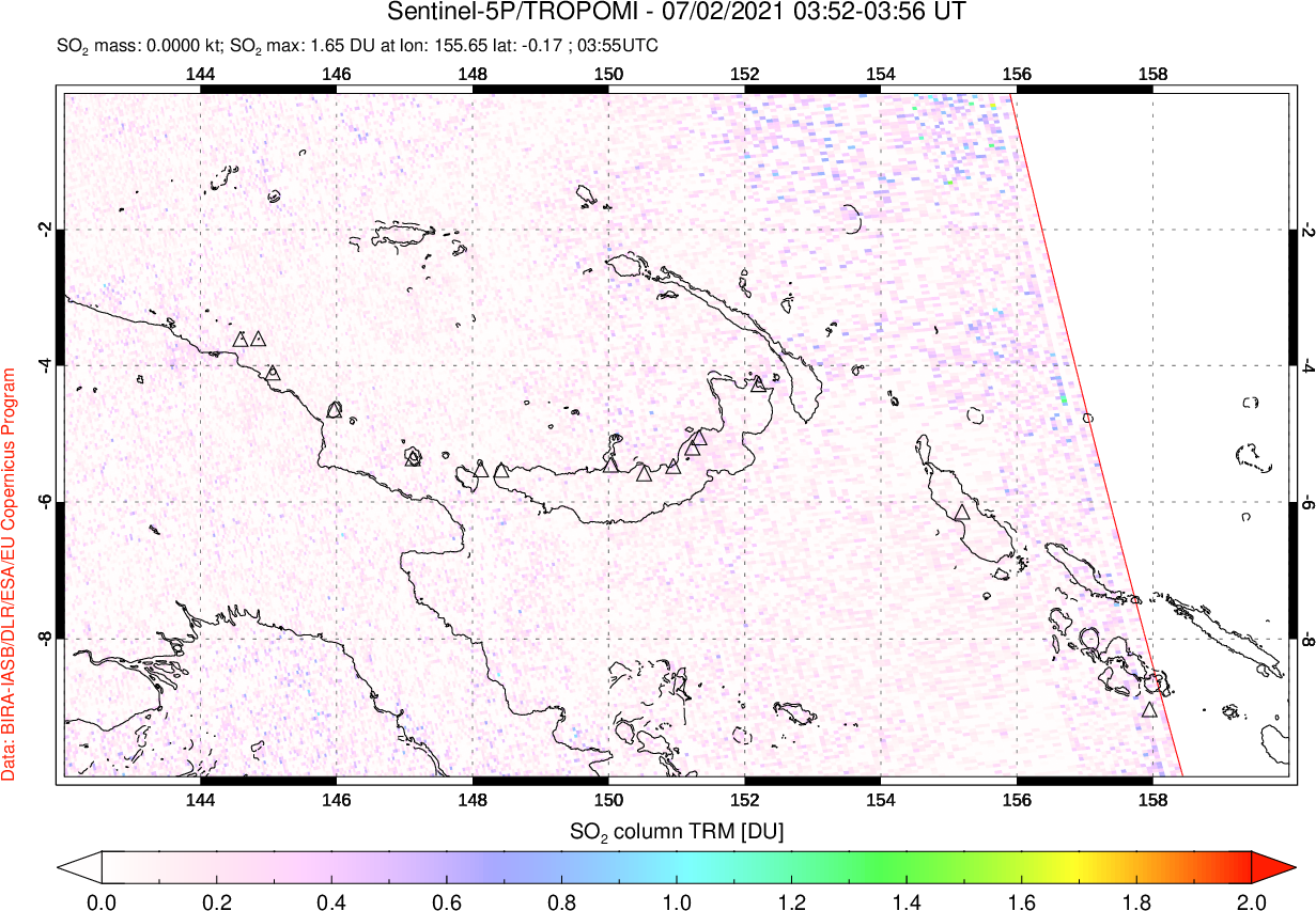 A sulfur dioxide image over Papua, New Guinea on Jul 02, 2021.