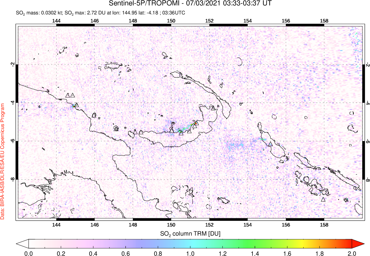 A sulfur dioxide image over Papua, New Guinea on Jul 03, 2021.