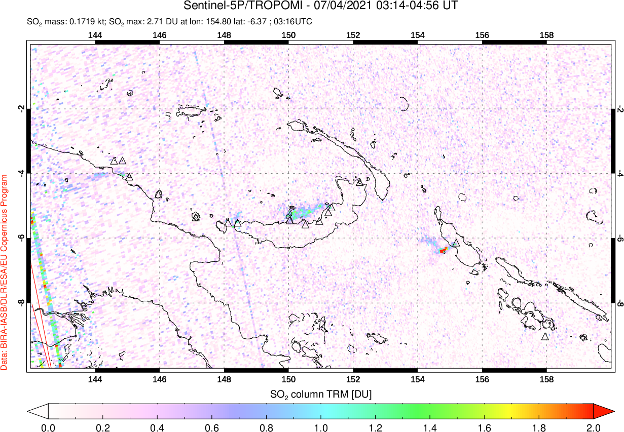 A sulfur dioxide image over Papua, New Guinea on Jul 04, 2021.
