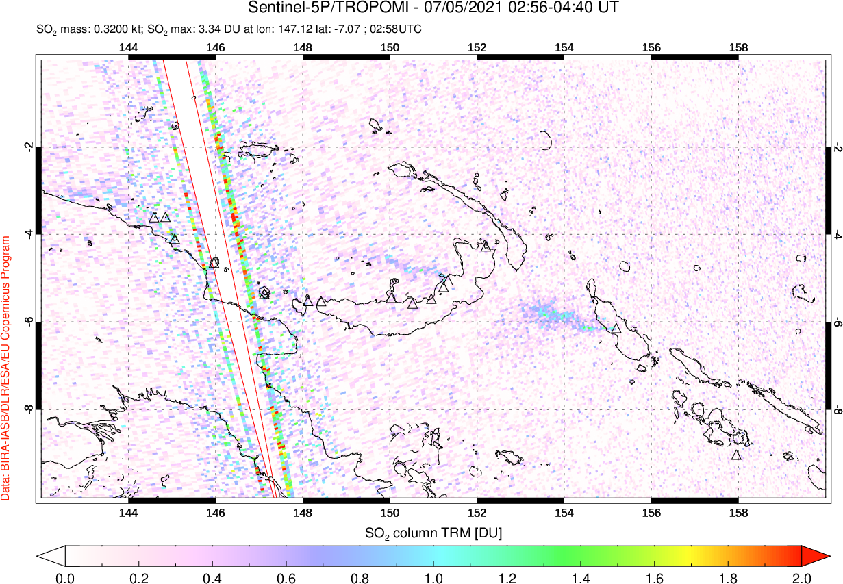 A sulfur dioxide image over Papua, New Guinea on Jul 05, 2021.