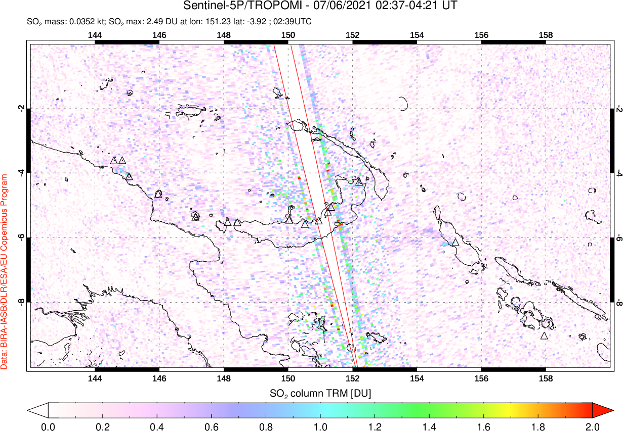 A sulfur dioxide image over Papua, New Guinea on Jul 06, 2021.