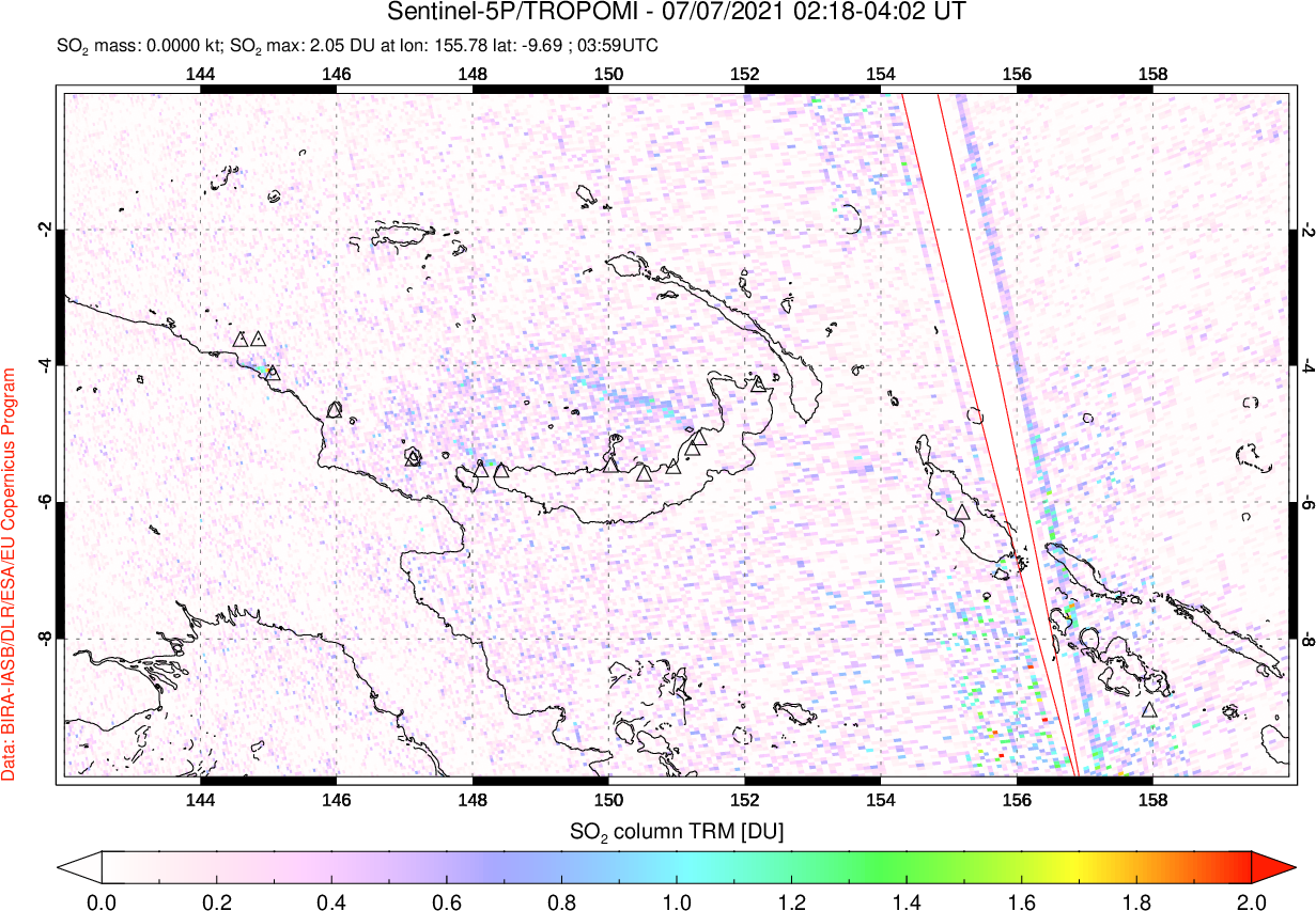 A sulfur dioxide image over Papua, New Guinea on Jul 07, 2021.