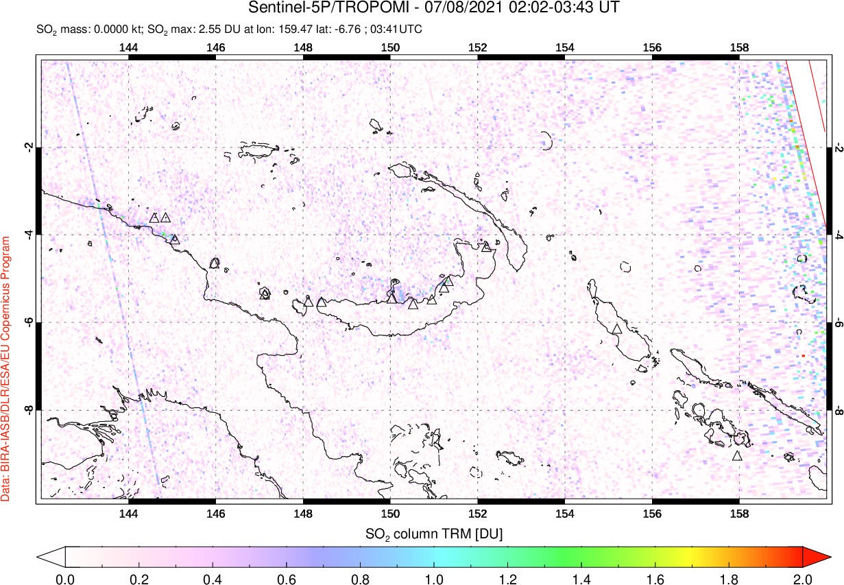 A sulfur dioxide image over Papua, New Guinea on Jul 08, 2021.